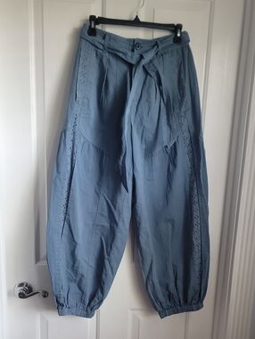 Anthropologie Blue Wide-Leg Cotton Pants Balloon New Nwt Xs X Small